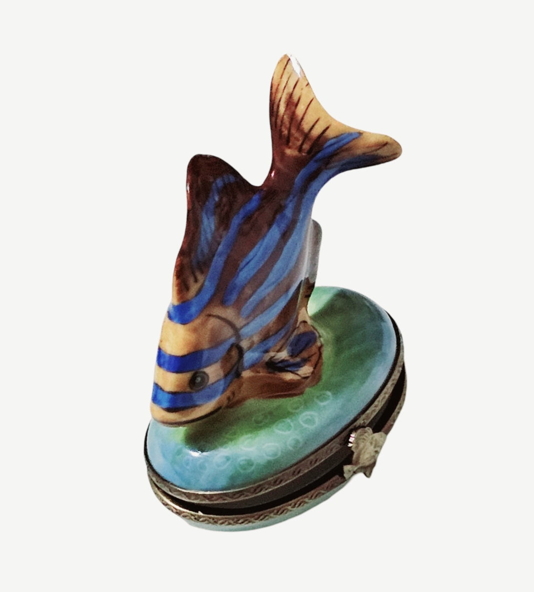 Brown Fish With Blue Stripes Porcelain Limoges Ocean beach fish French Trinket Box