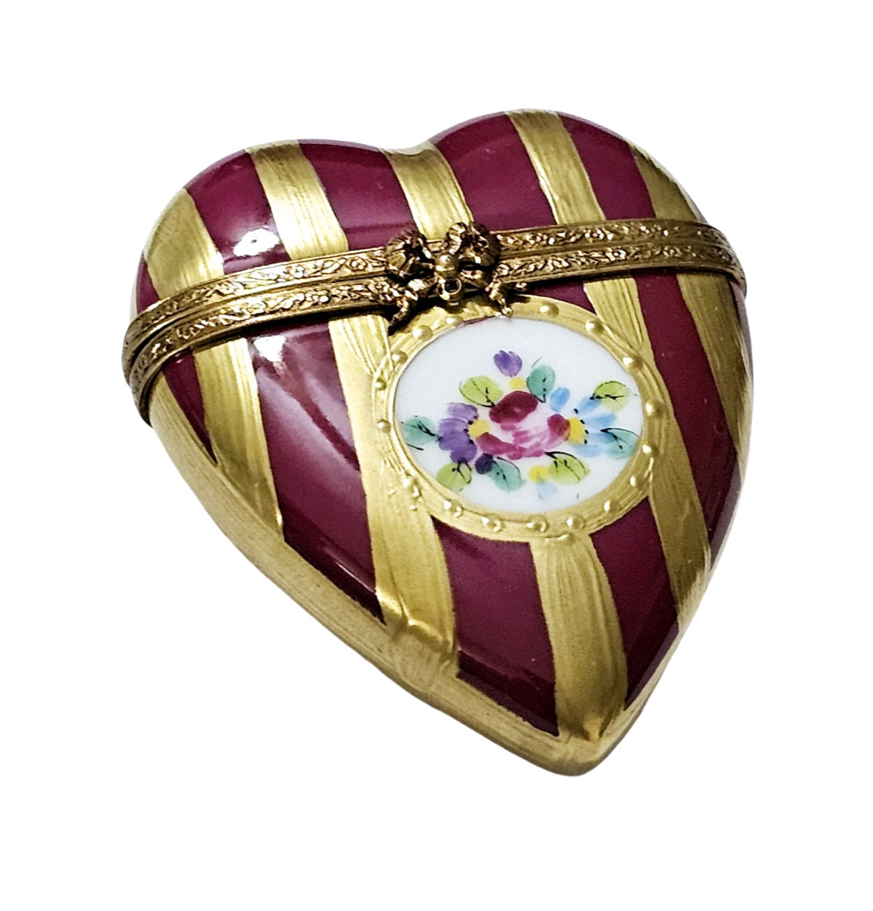 Burgundy Gold Heart Box Porcelain Limoges heart French Trinket Box