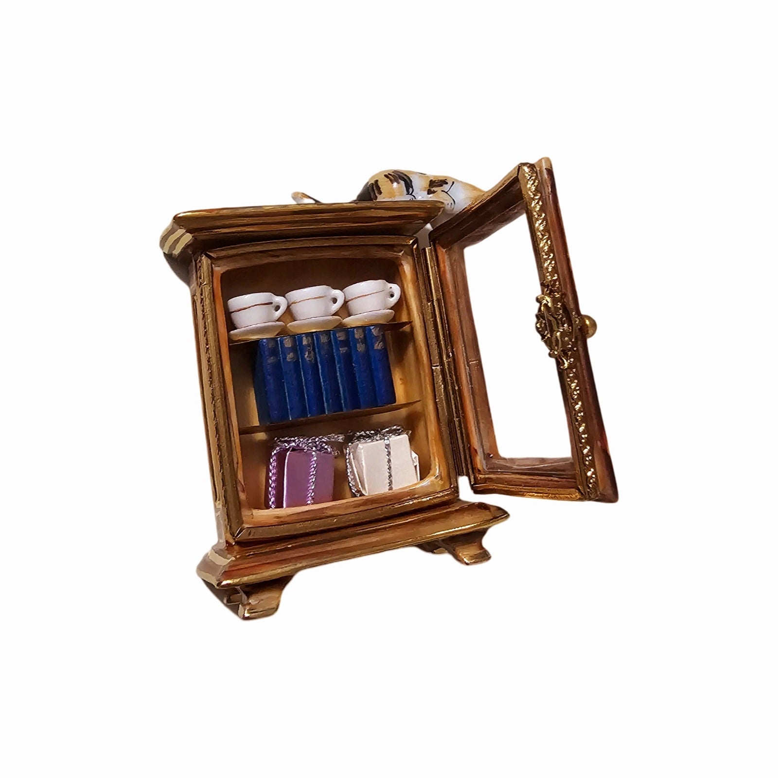 Cat-Topped Armoire Cabinet Delight Porcelain Limoges Cat furniture French Trinket Box