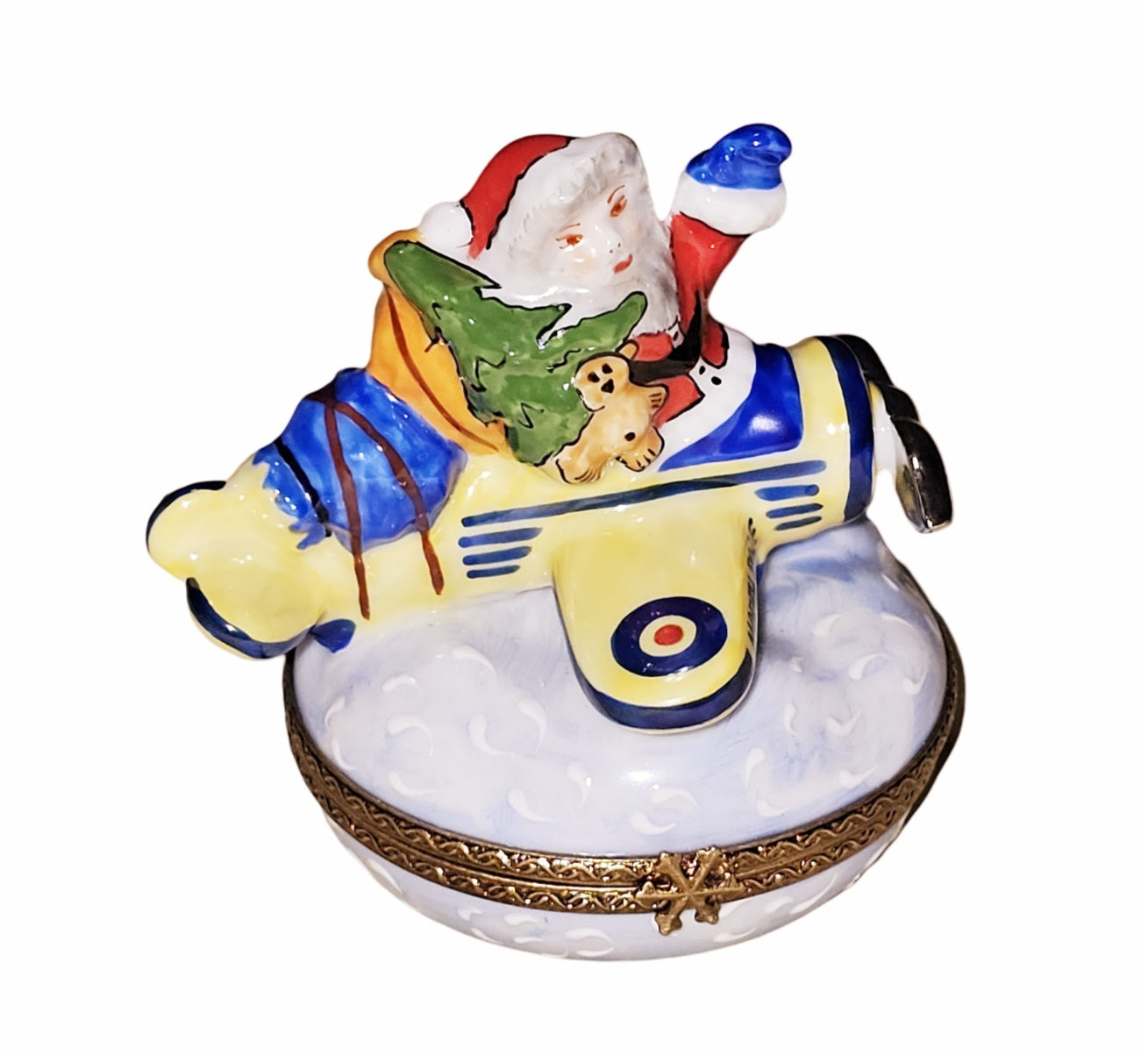 Santa's Festive Yellow Airplane Porcelain Limoges Santa claus French Trinket Box