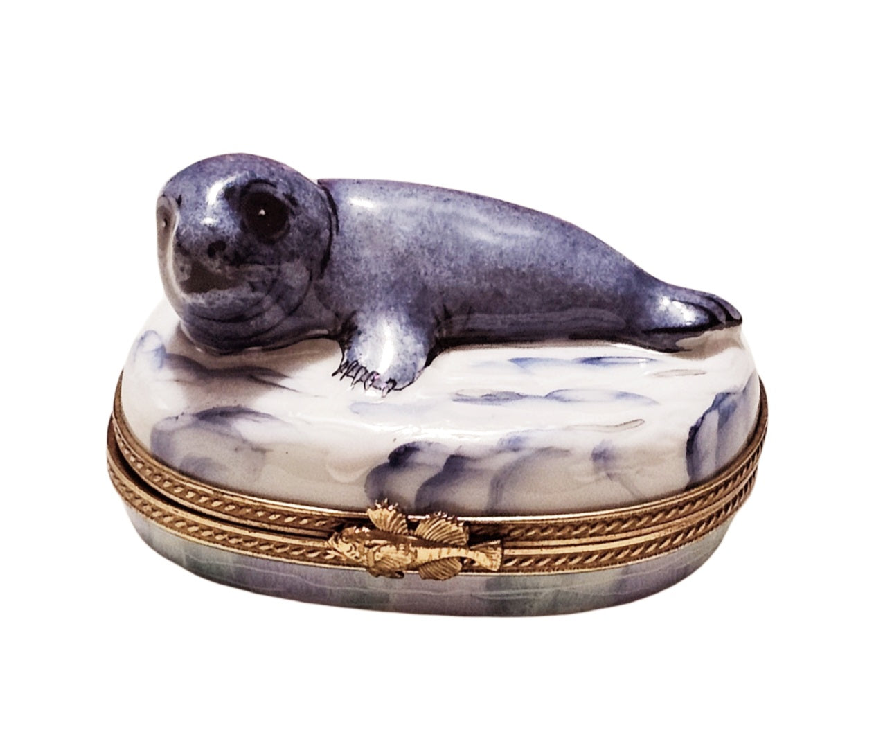 Charming Baby Seal Limoges Box Porcelain Limoges Fish ocean wild French Trinket Box