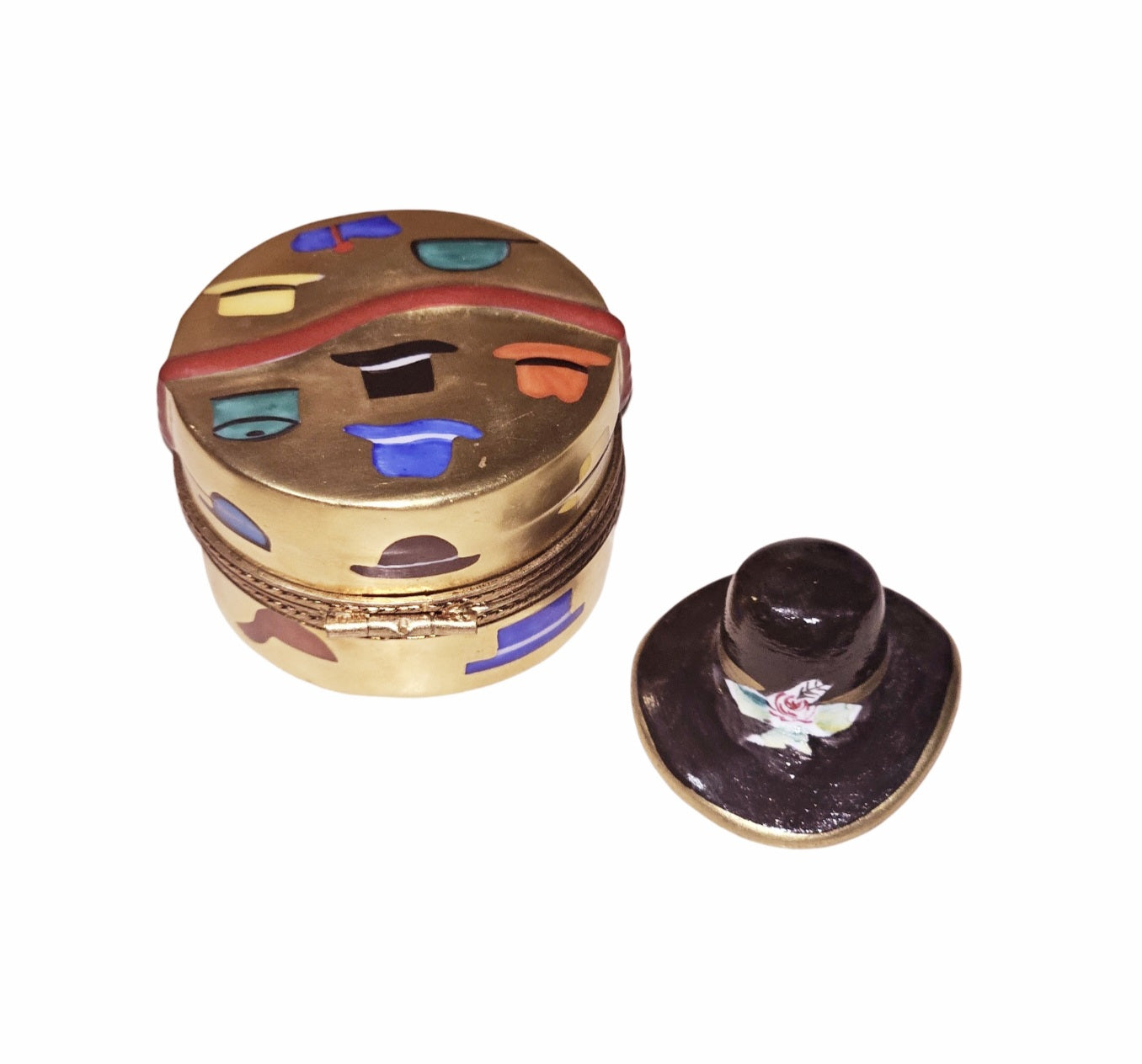 Gold Hat Box with Removable Hat Porcelain Limoges Hats shoes shoe French Trinket Box