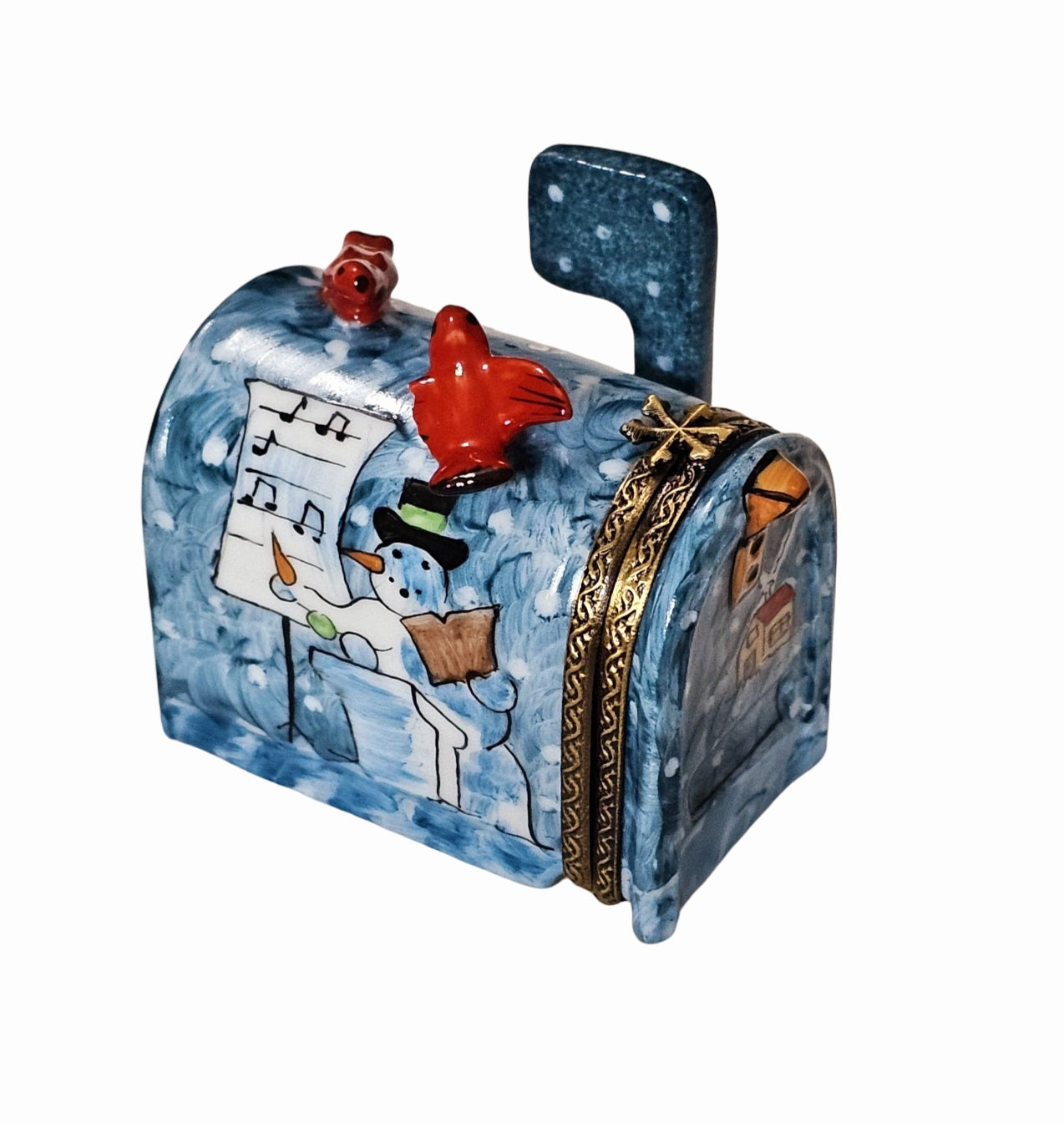 Winter Mailbox With Cardinals Porcelain Limoges winter garden house xmas French Trinket Box