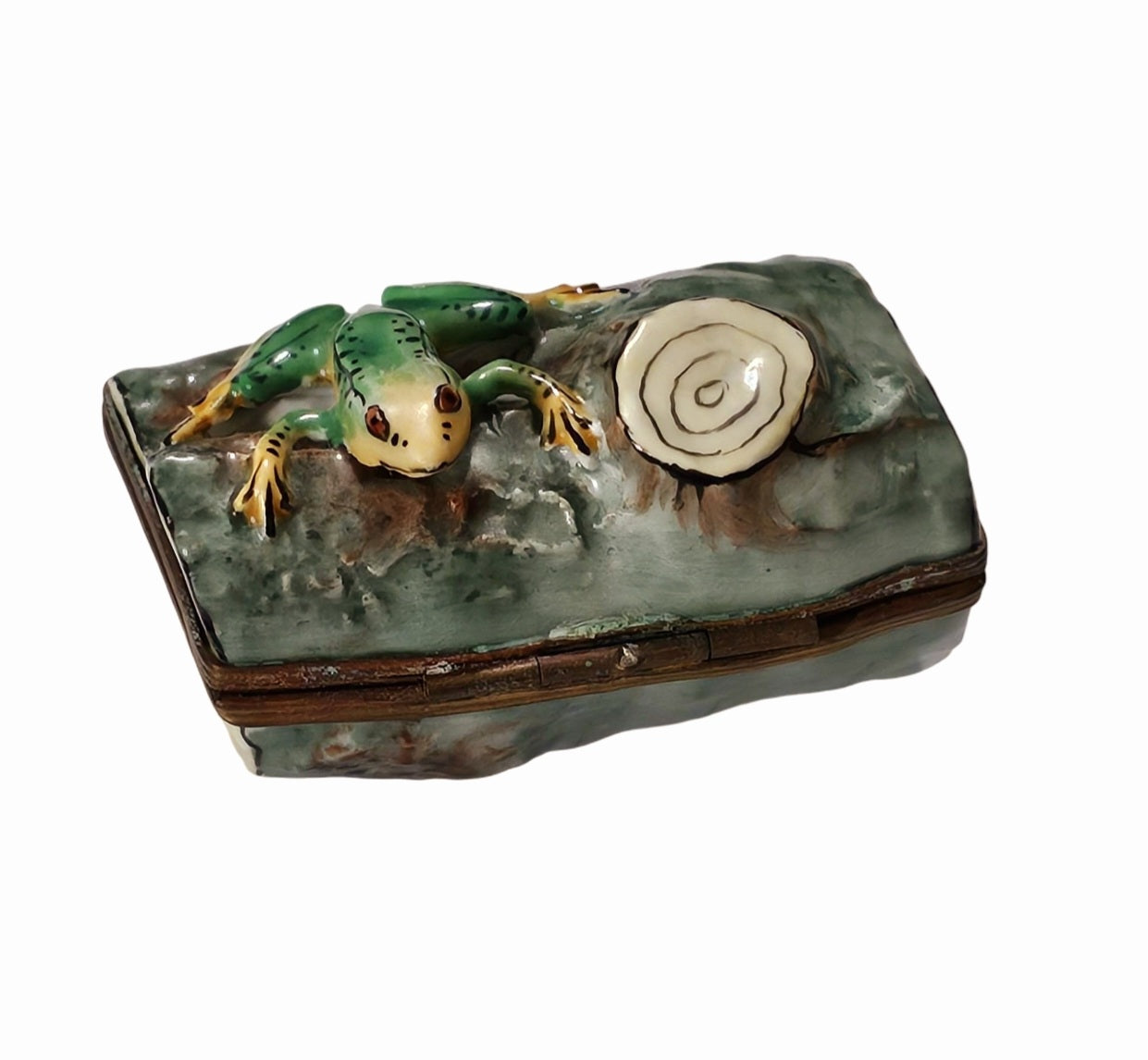 Frog on Lush Green Log Porcelain Limoges frog French Trinket Box