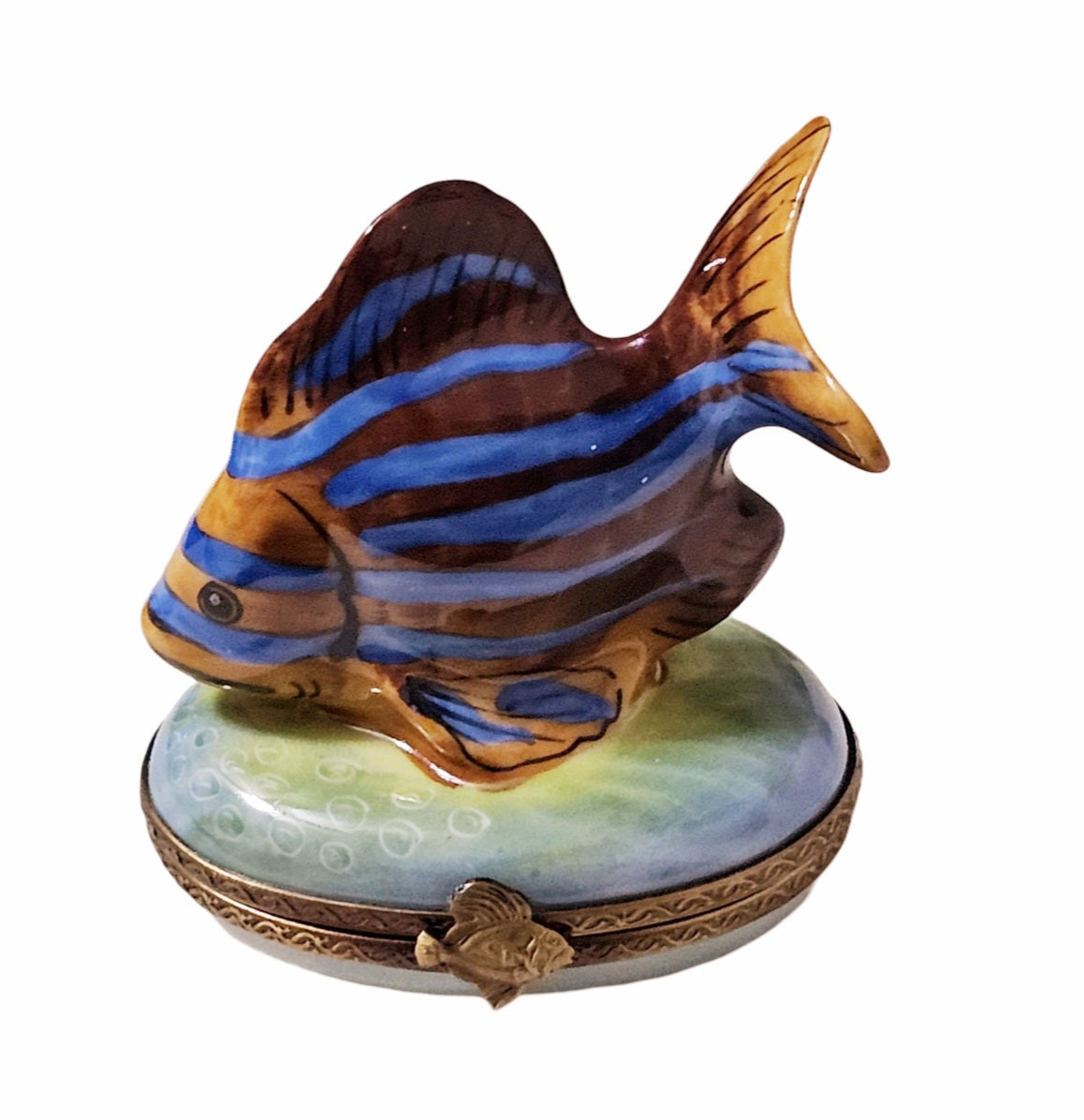 Brown Fish With Blue Stripes Porcelain Limoges Ocean beach fish French Trinket Box