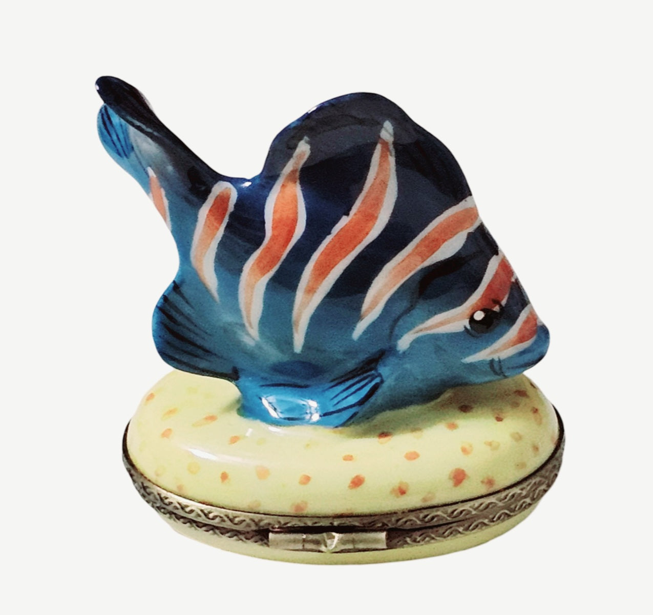 Blue Fish With Orange Stripes Porcelain Limoges Ocean beach fish French Trinket Box