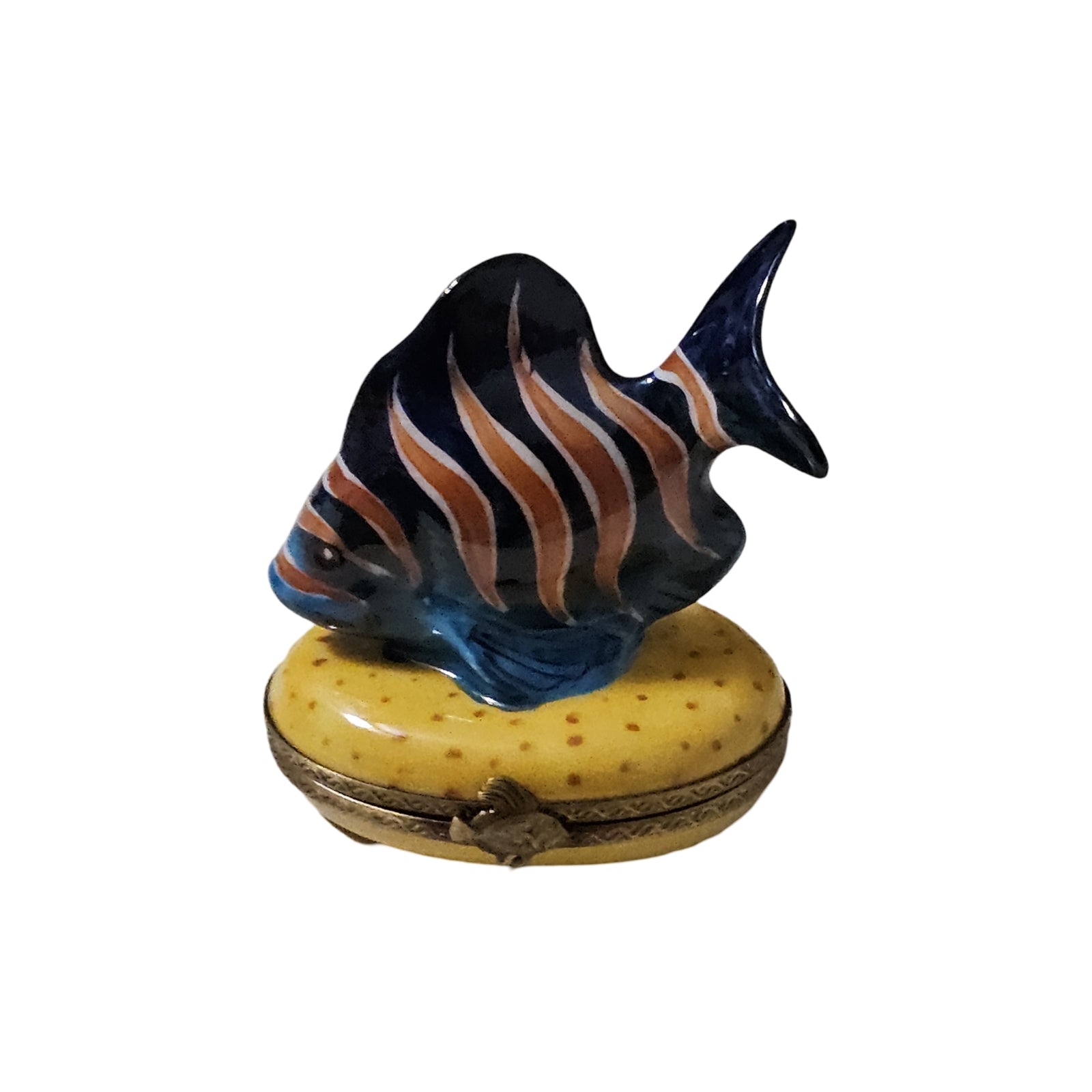 Blue Fish with Orange Stripes Porcelain Limoges Ocean beach fish French Trinket Box