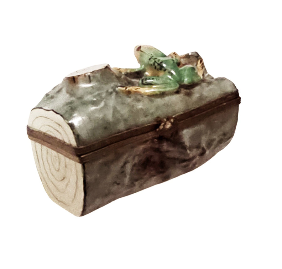 Frog on Lush Green Log Porcelain Limoges frog French Trinket Box