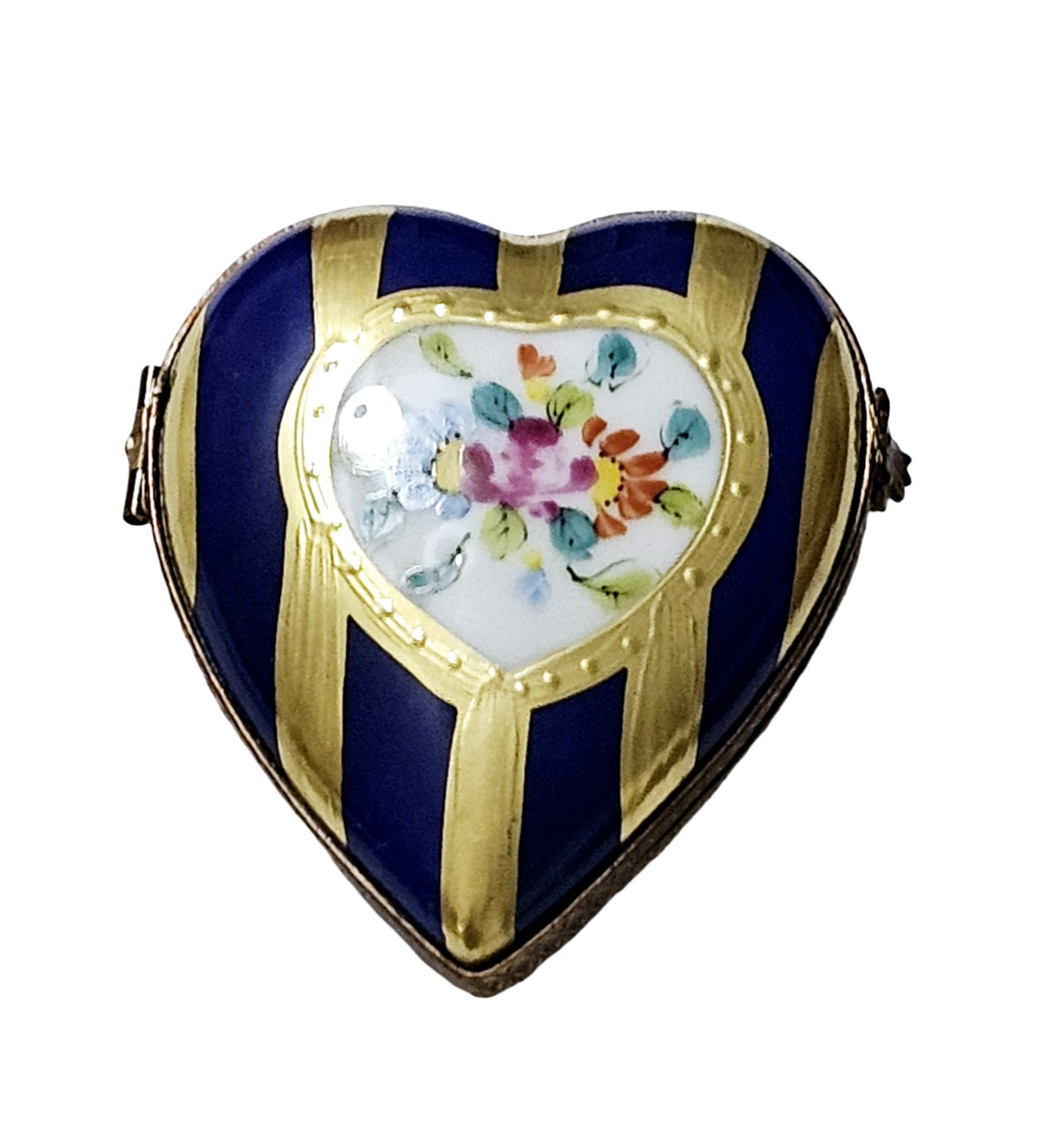 Blue Gold Striped Heart Box Porcelain Limoges heart French Trinket Box