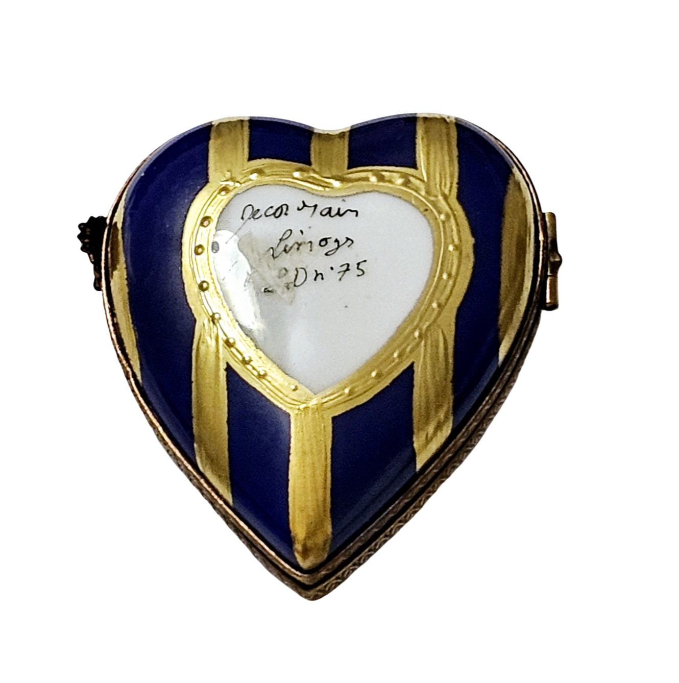 Blue Gold Striped Heart Box Porcelain Limoges heart French Trinket Box