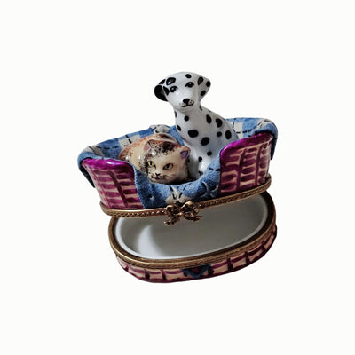 Dalmatian Puppy and Cat Treasure Porcelain Limoges Dog cat French Trinket Box