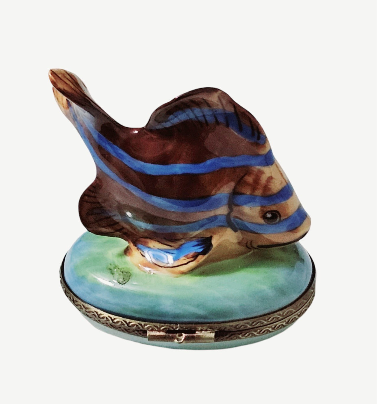 Brown Fish With Blue Stripes Porcelain Limoges Ocean beach fish French Trinket Box