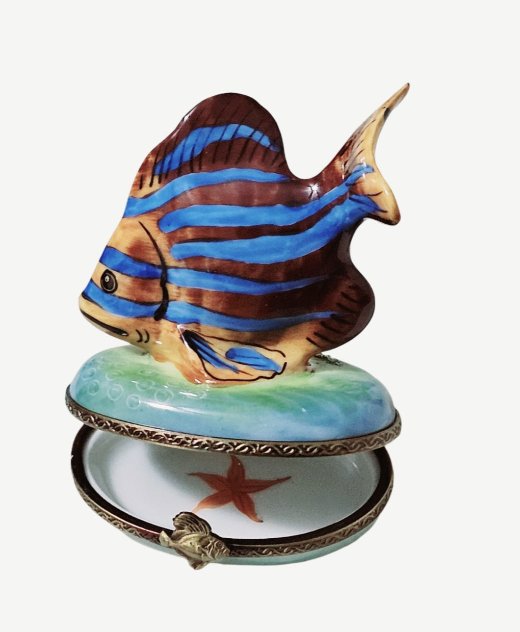 Brown Fish With Blue Stripes Porcelain Limoges Ocean beach fish French Trinket Box