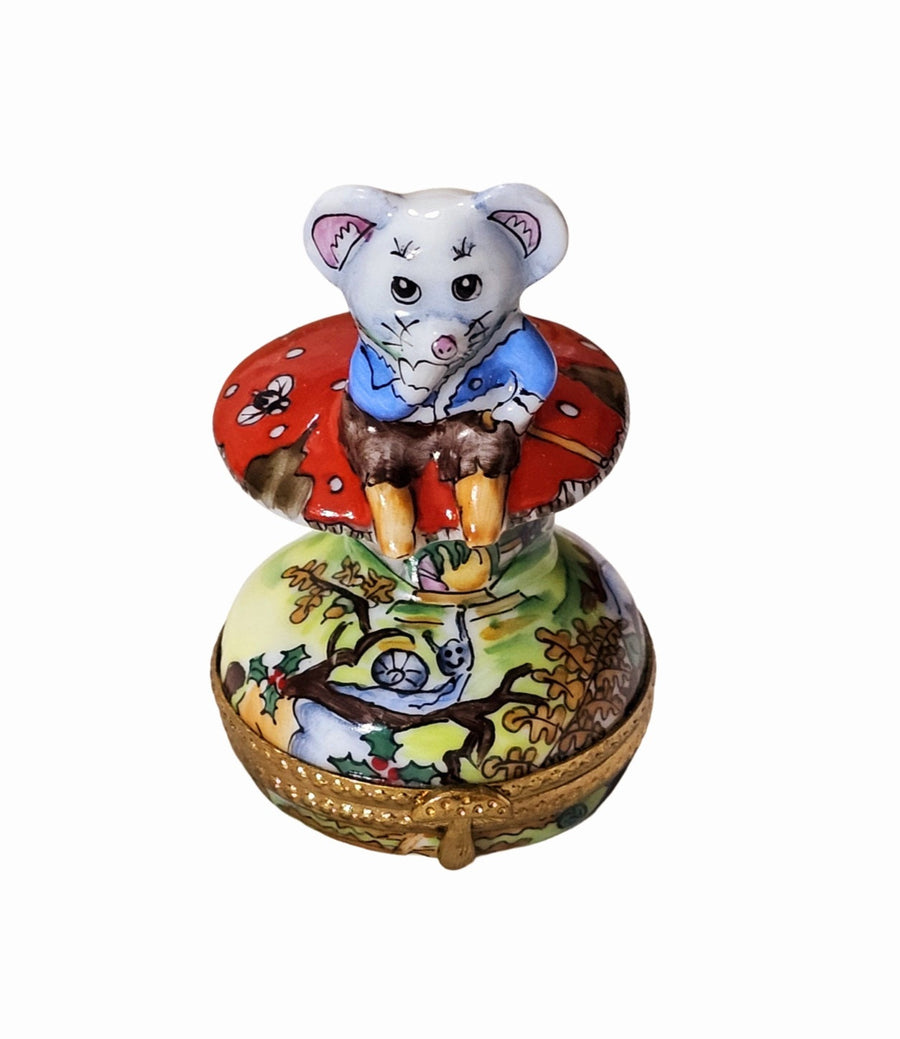 Charming Mouse on Mushroom Box Porcelain Limoges mouse garden French Trinket Box