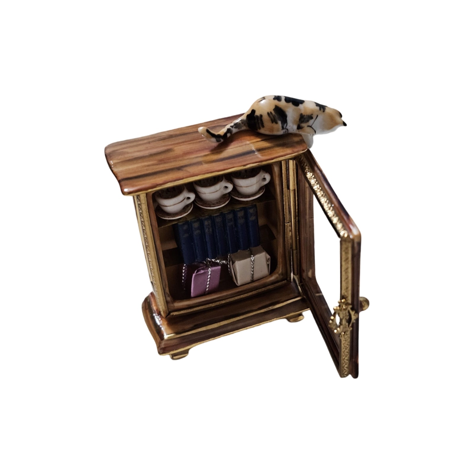 Cat-Topped Armoire Cabinet Delight Porcelain Limoges Cat furniture French Trinket Box