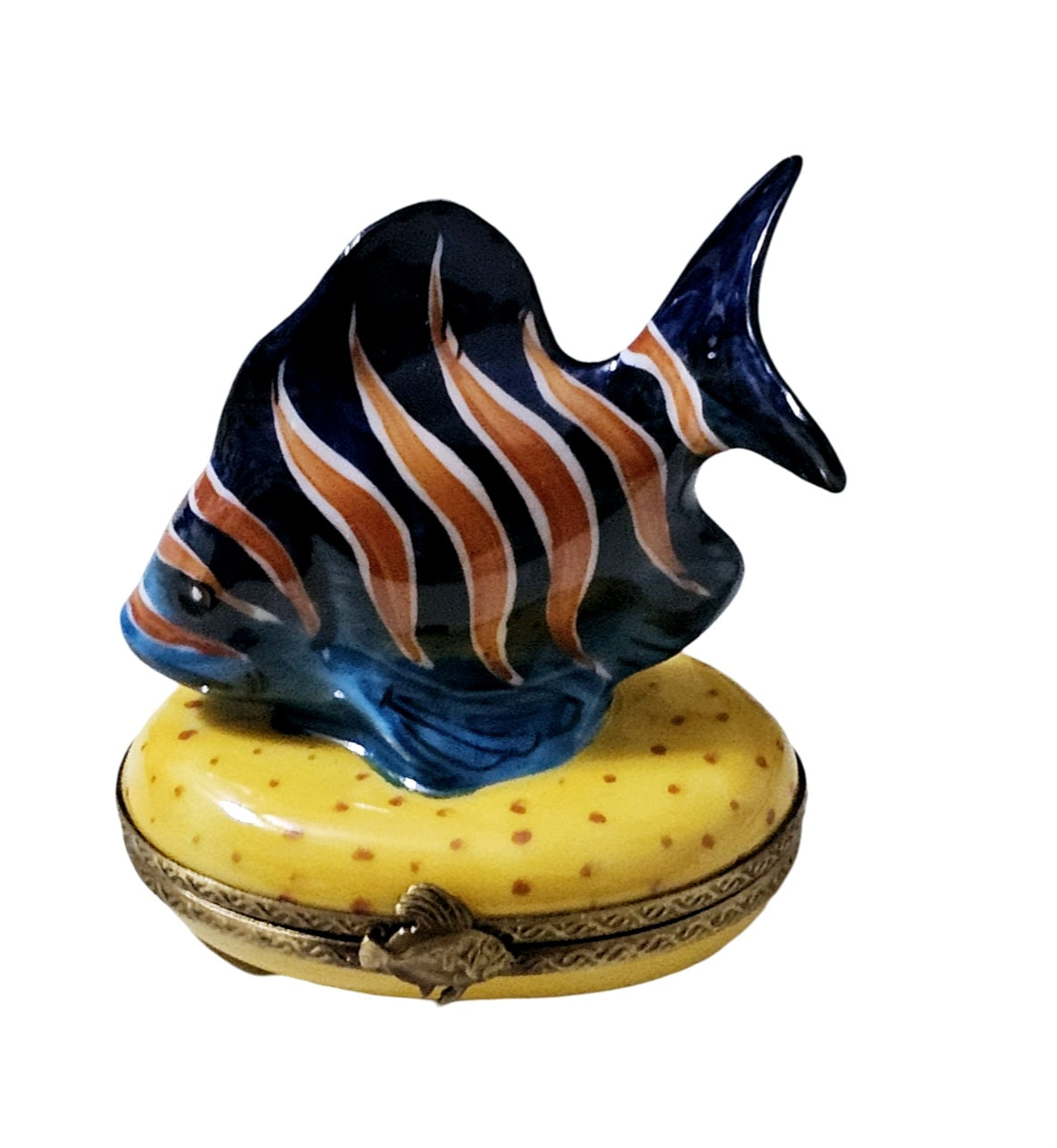 Blue Fish with Orange Stripes Porcelain Limoges Ocean beach fish French Trinket Box