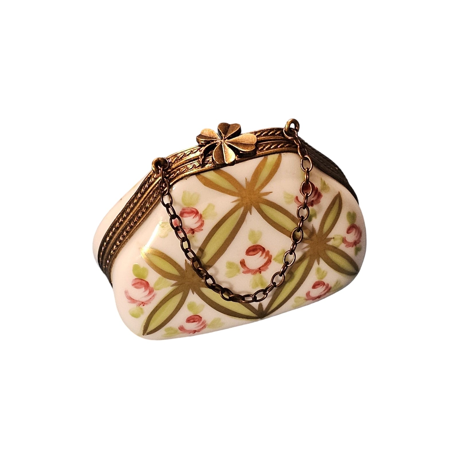 Criss Cross Floral Green Purse Porcelain Limoges Purse French Trinket Box