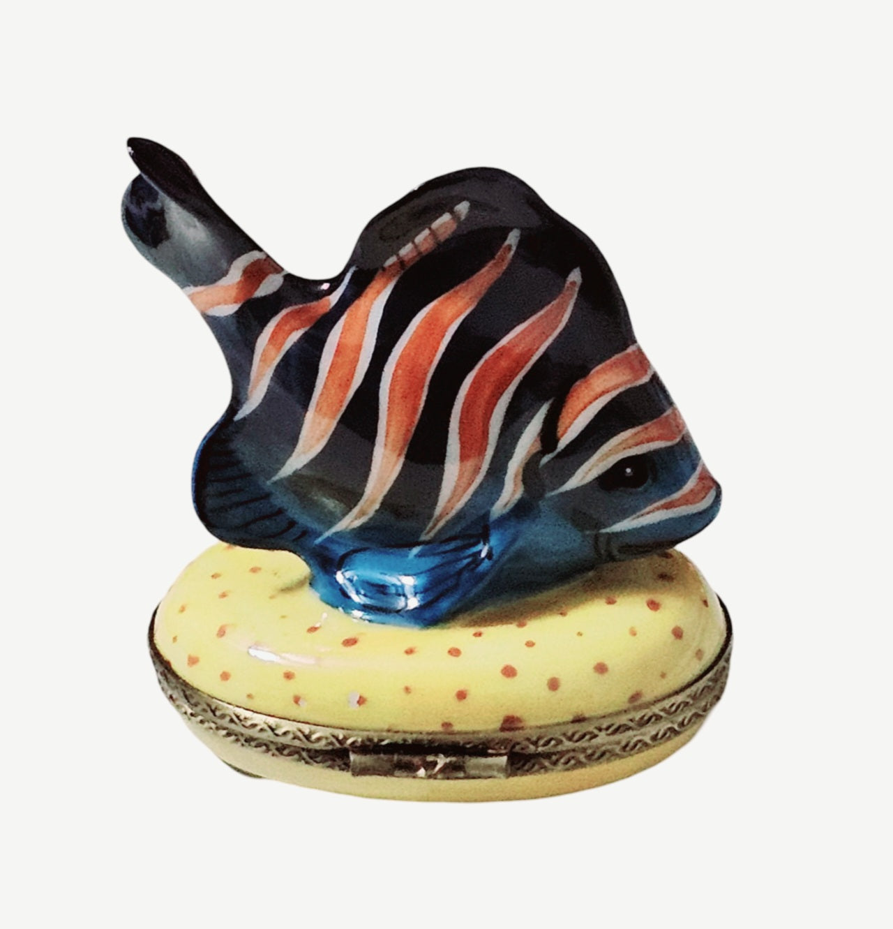Blue Fish with Orange Stripes Porcelain Limoges Ocean beach fish French Trinket Box