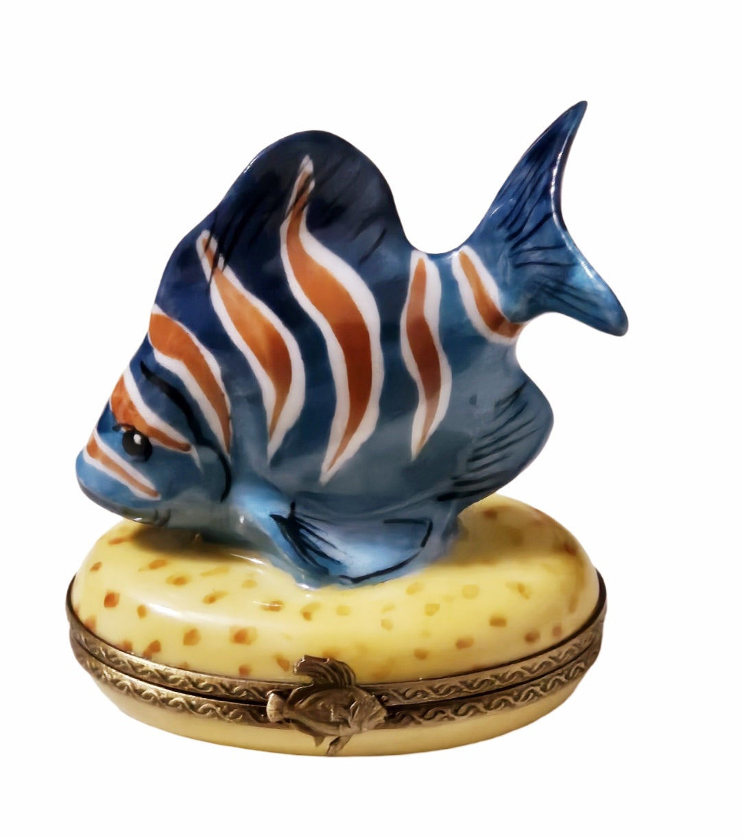 Blue Fish With Orange Stripes Porcelain Limoges Ocean beach fish French Trinket Box