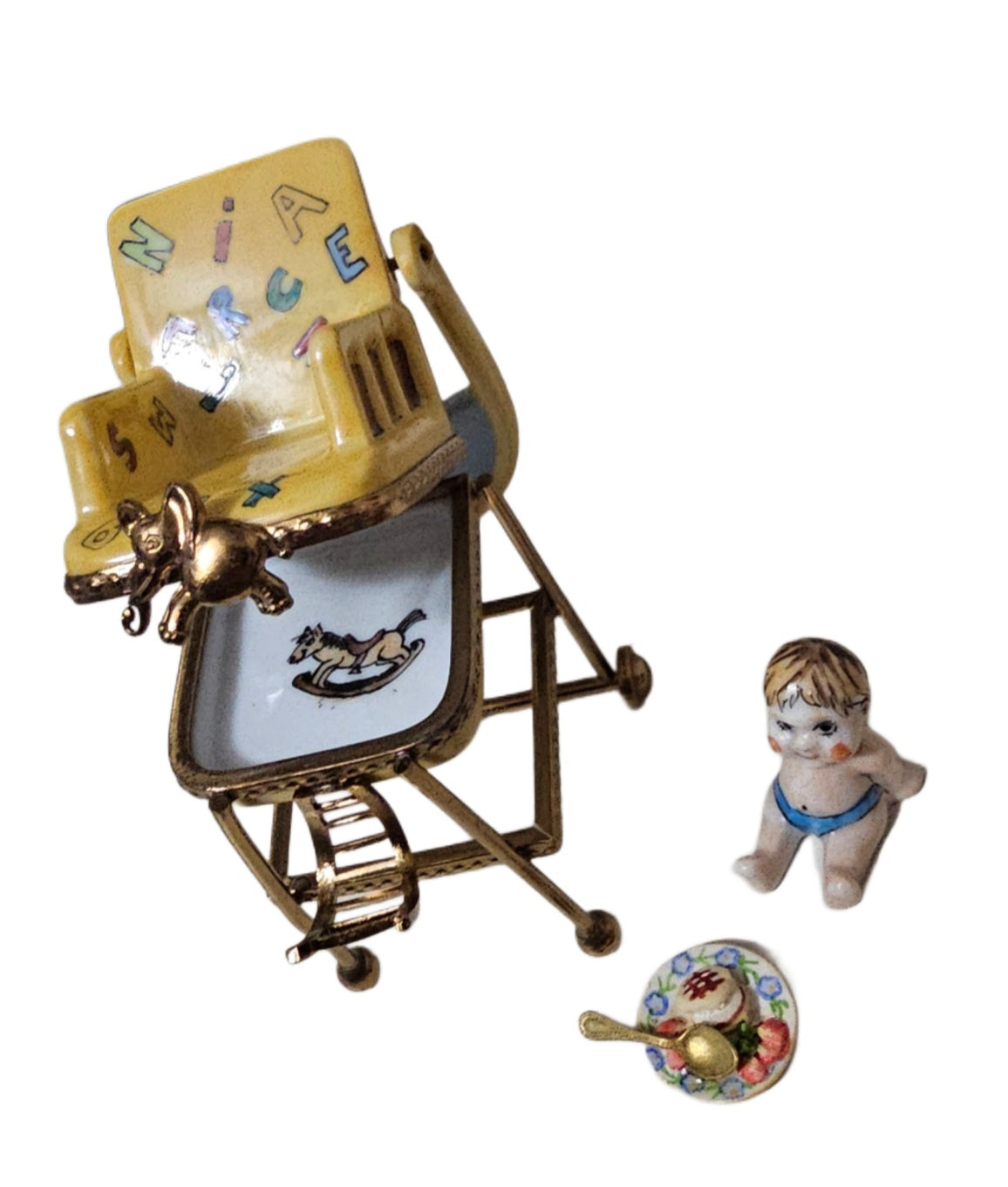 Charming Baby in High Chair Porcelain Limoges baby figurine French Trinket Box