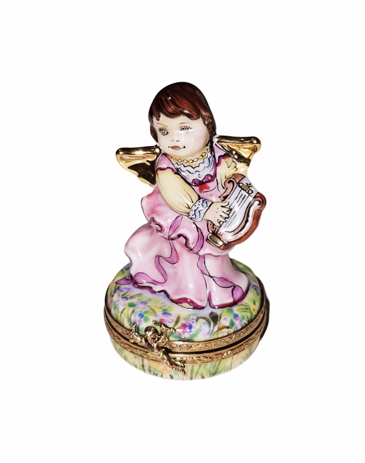 Brunette Angel Playing Harp Porcelain Limoges Angel French Trinket Box