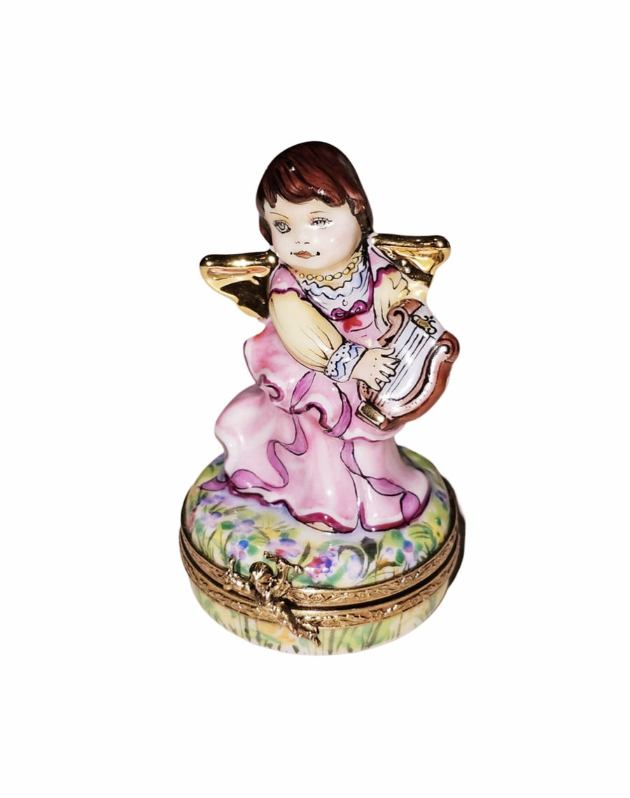 Brunette Angel Playing Harp Porcelain Limoges Angel French Trinket Box