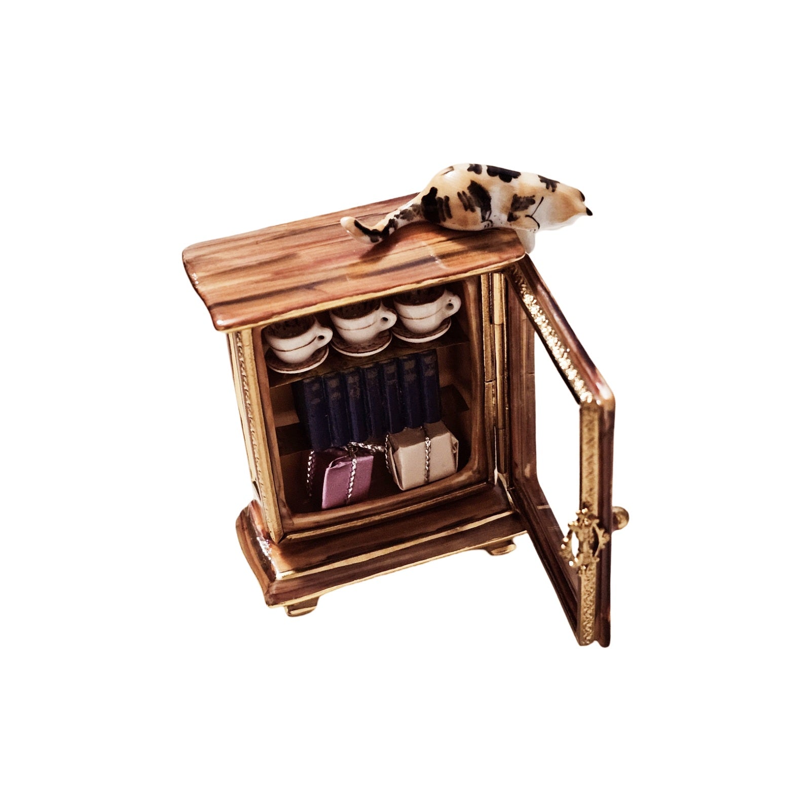 Cat-Topped Armoire Cabinet Delight Porcelain Limoges Cat furniture French Trinket Box