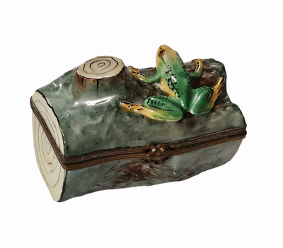 Frog on Lush Green Log Porcelain Limoges frog French Trinket Box