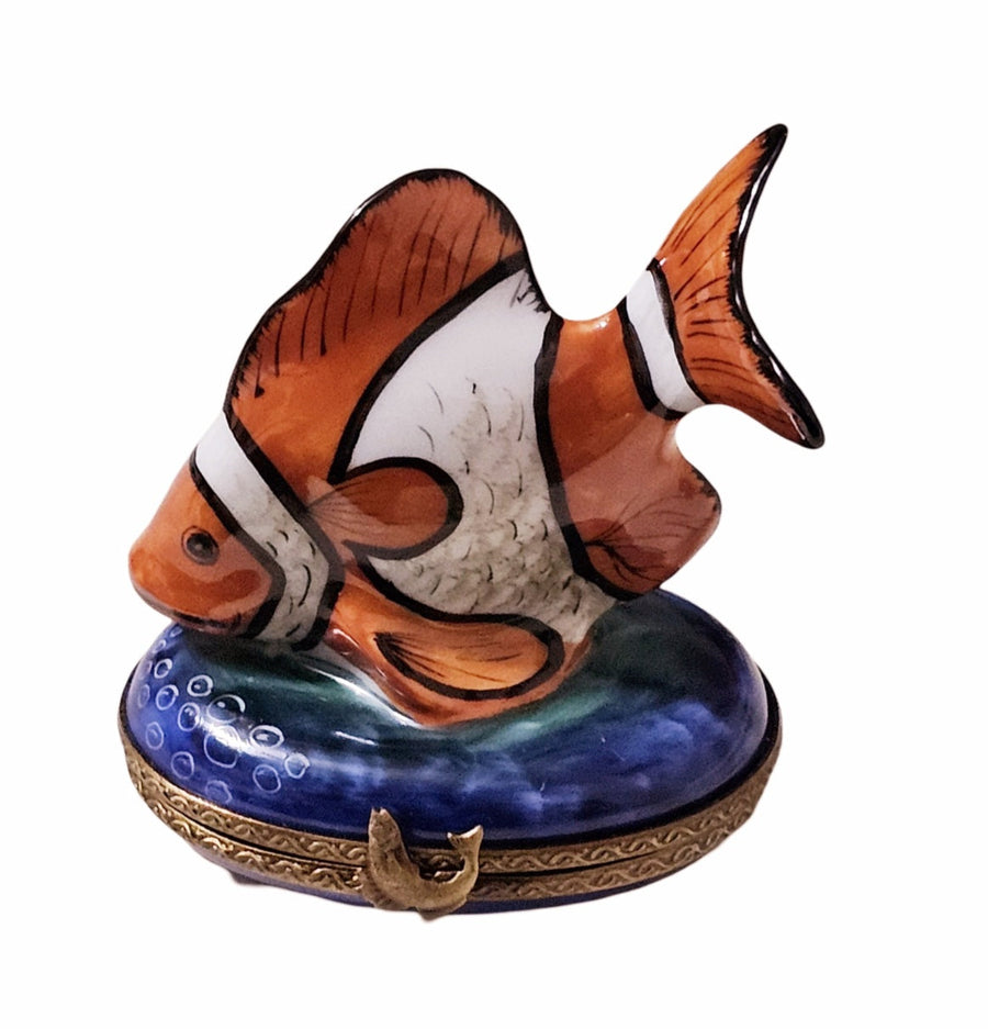 Vibrant Orange Striped Fish Box Porcelain Limoges Ocean beach fish French Trinket Box