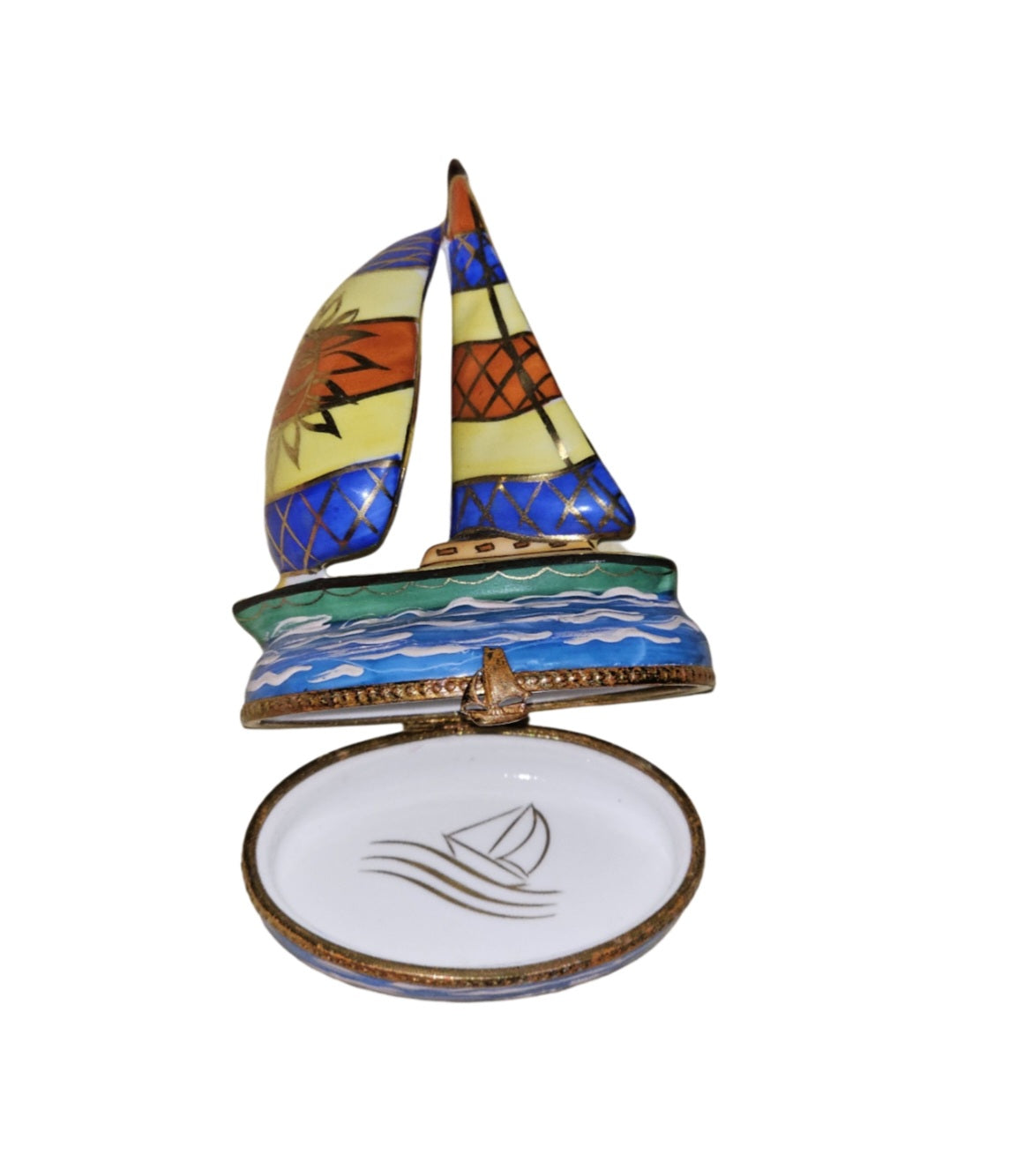 Vibrant Limoges Sailboat Box Porcelain Limoges Vehicle beach sports French Trinket Box
