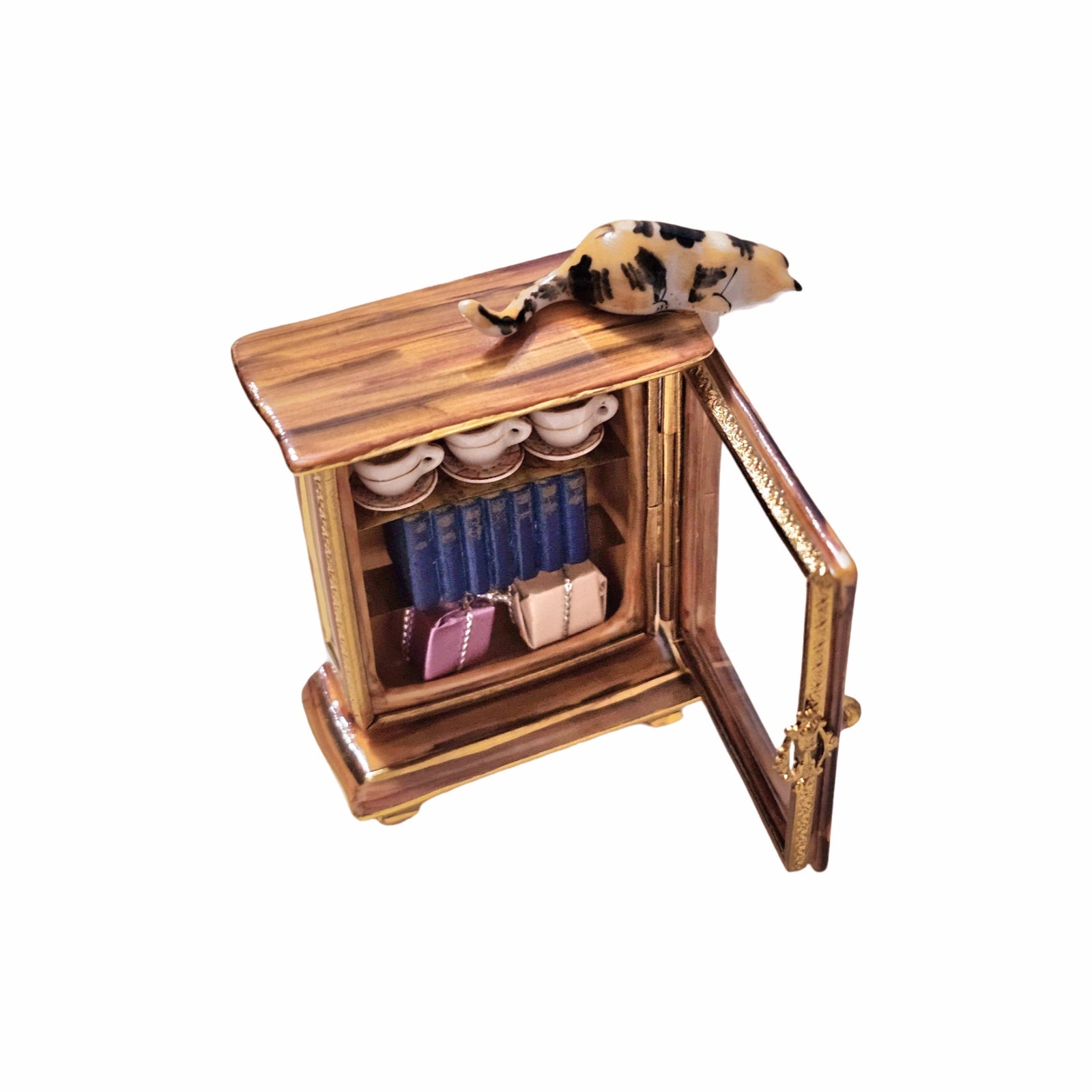 Cat-Topped Armoire Cabinet Delight Porcelain Limoges Cat furniture French Trinket Box