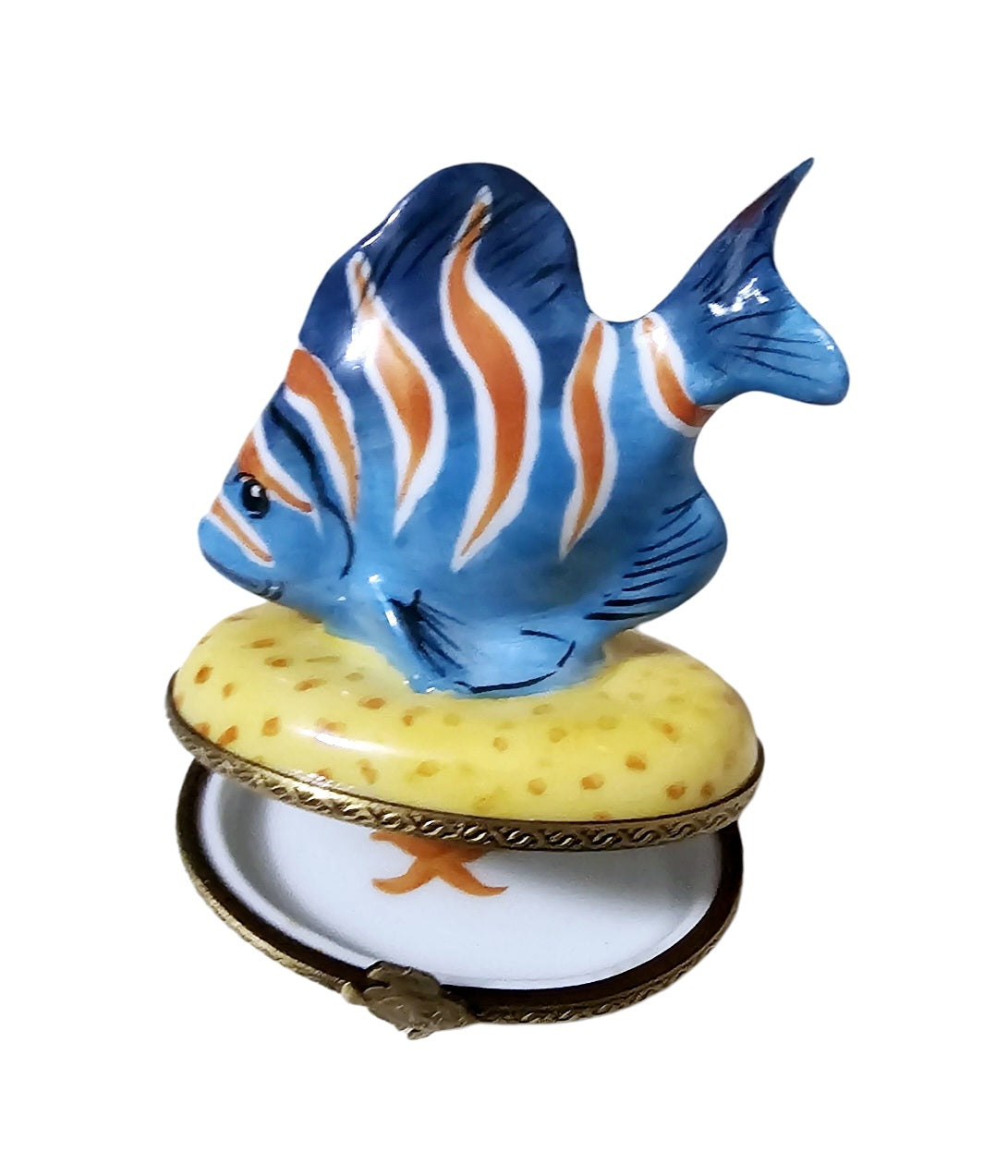 Blue Fish With Orange Stripes Porcelain Limoges Ocean beach fish French Trinket Box