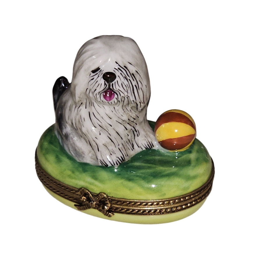 Playful Sheep Dog Collectible Box Porcelain Limoges Dog French Trinket Box