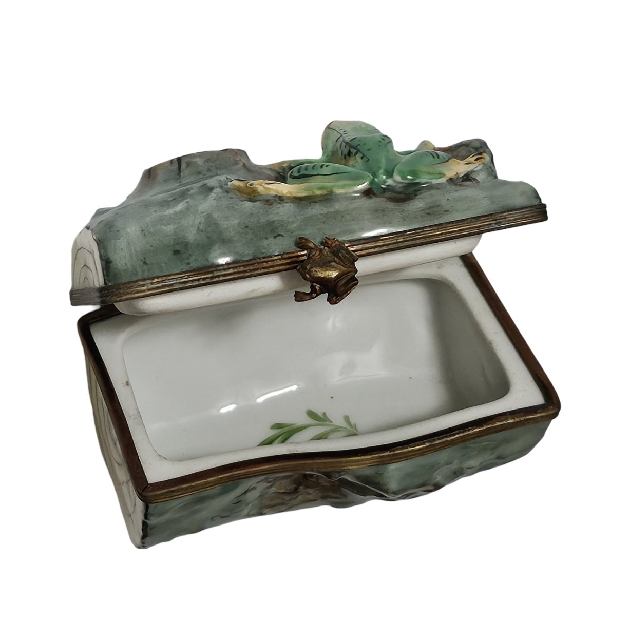 Frog on Lush Green Log Porcelain Limoges frog French Trinket Box