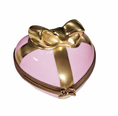 Pink Heart Box with Gold Bow Porcelain Limoges Heart love French Trinket Box