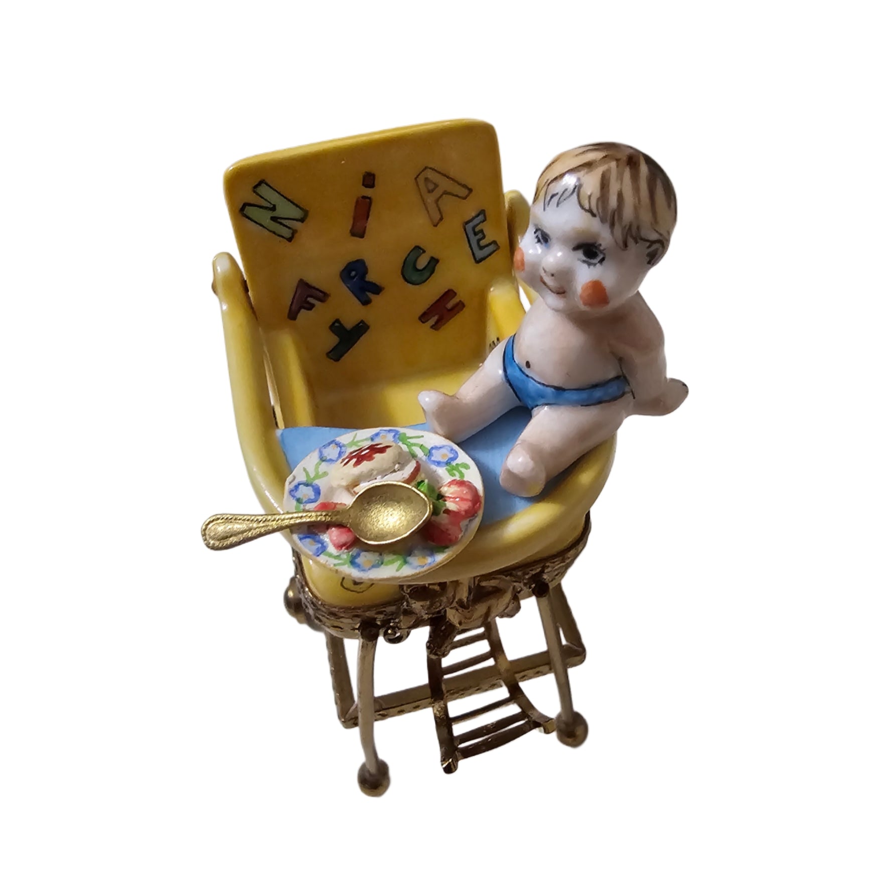 Charming Baby in High Chair Porcelain Limoges baby figurine French Trinket Box