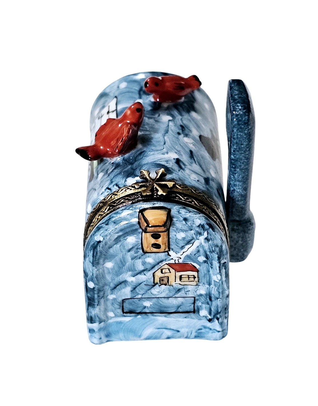 Winter Mailbox With Cardinals Porcelain Limoges winter garden house xmas French Trinket Box