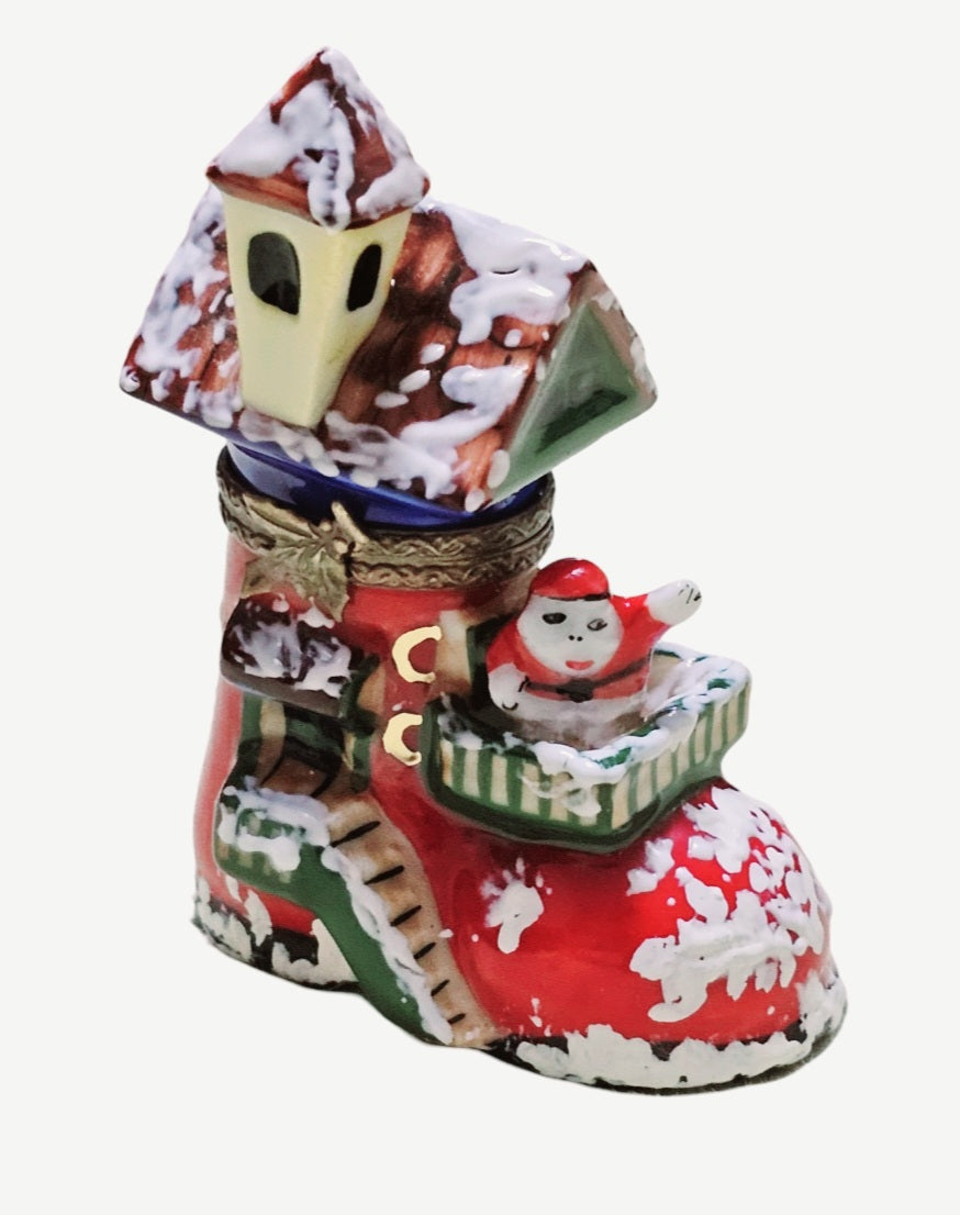Santa's Workshop Boot Delight Porcelain Limoges Santa christmas French Trinket Box