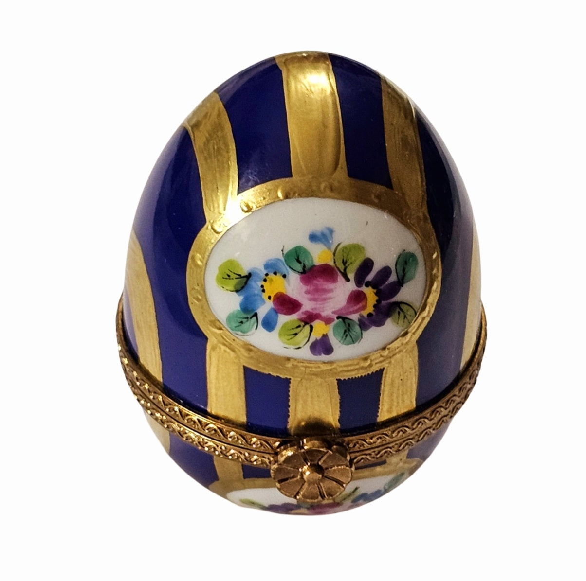 Blue and Gold Floral Egg Porcelain Limoges egg French Trinket Box