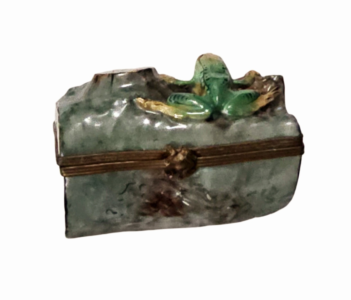 Frog on Lush Green Log Porcelain Limoges frog French Trinket Box