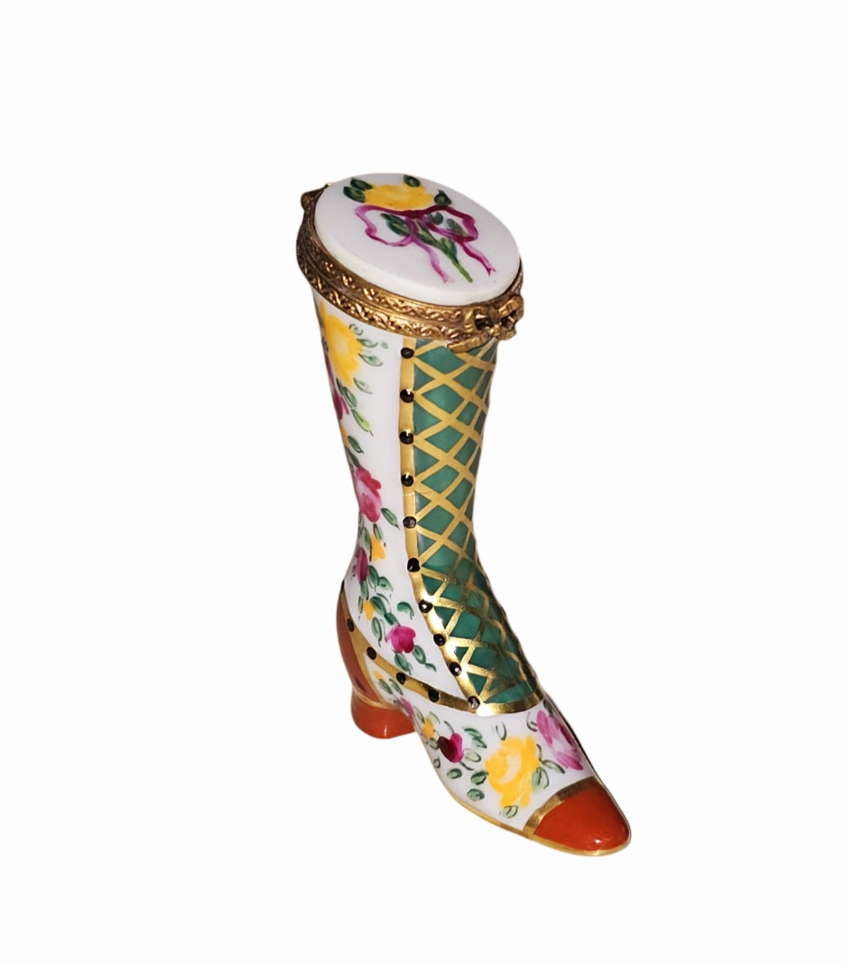 Victorian Elegance Red Tip Boot Porcelain Limoges Shoe hat French Trinket Box