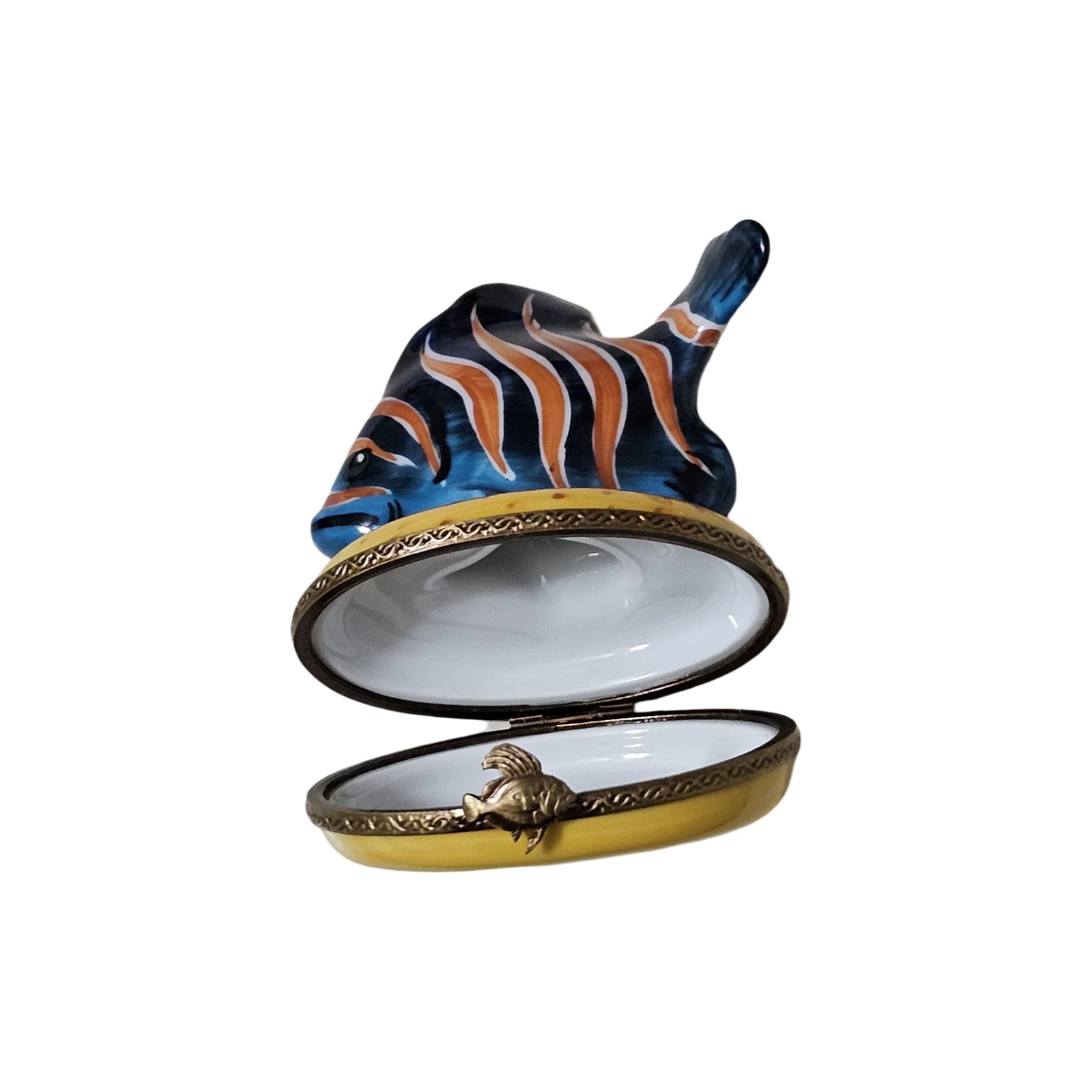 Blue Fish with Orange Stripes Porcelain Limoges Ocean beach fish French Trinket Box