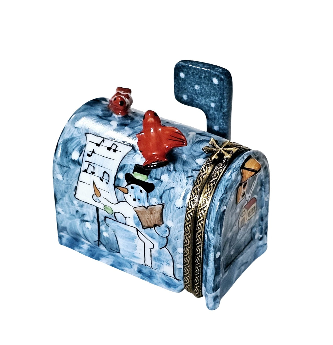 Winter Mailbox With Cardinals Porcelain Limoges winter garden house xmas French Trinket Box