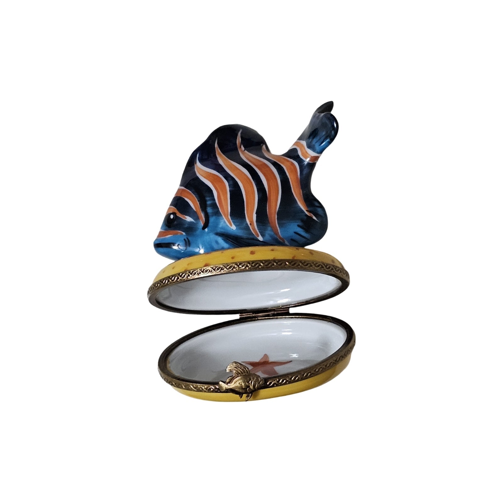 Blue Fish with Orange Stripes Porcelain Limoges Ocean beach fish French Trinket Box