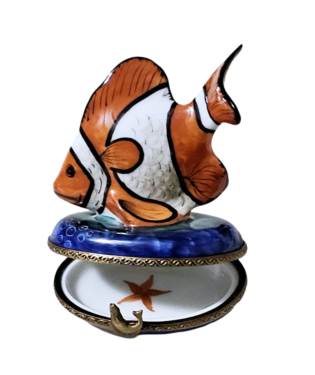 Vibrant Orange Striped Fish Box Porcelain Limoges Ocean beach fish French Trinket Box