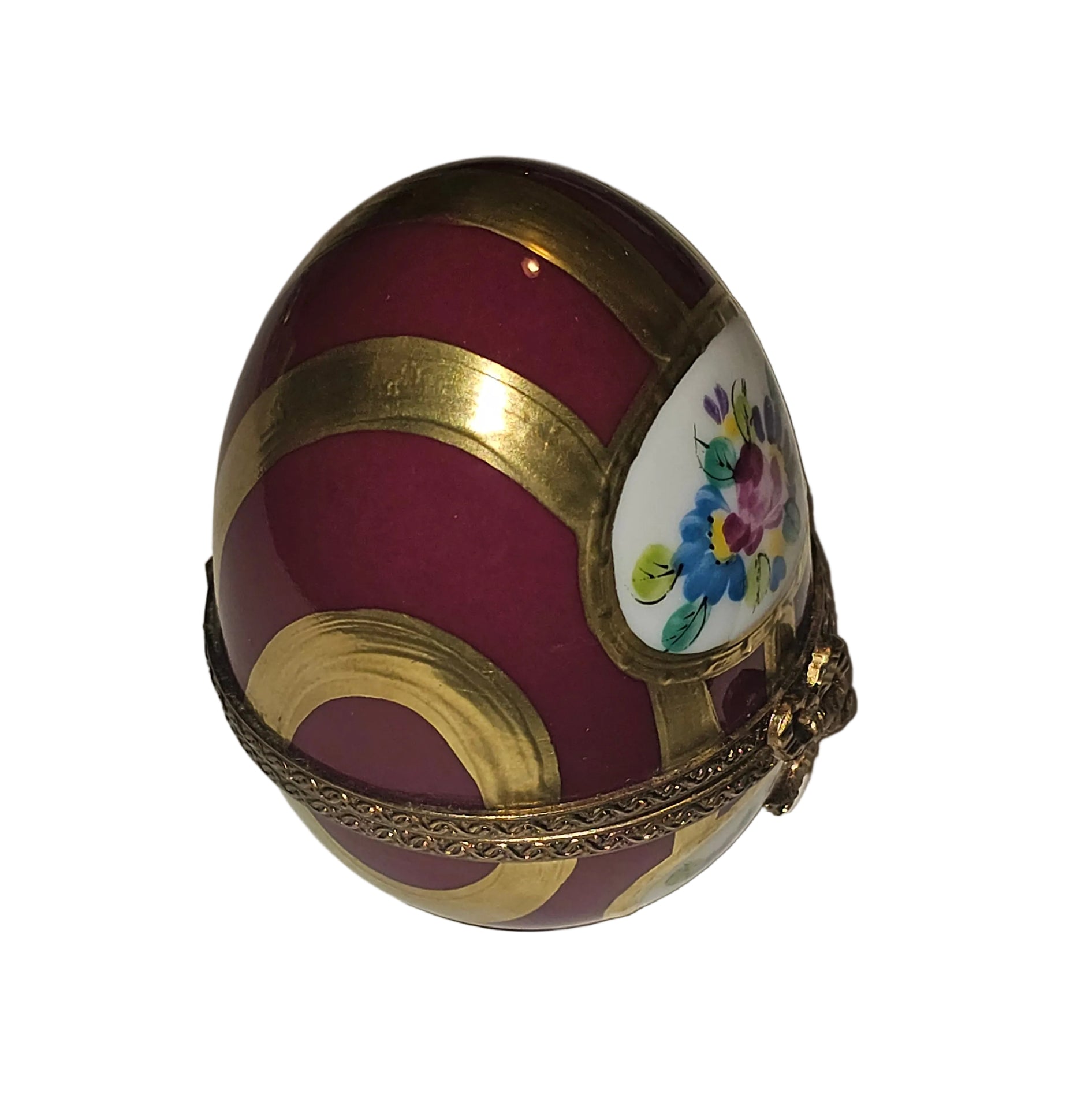 Maroon and Gold Striped Egg with Flowers | Limoges Box
