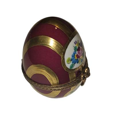 Maroon and Gold Striped Egg with Flowers | Limoges Box