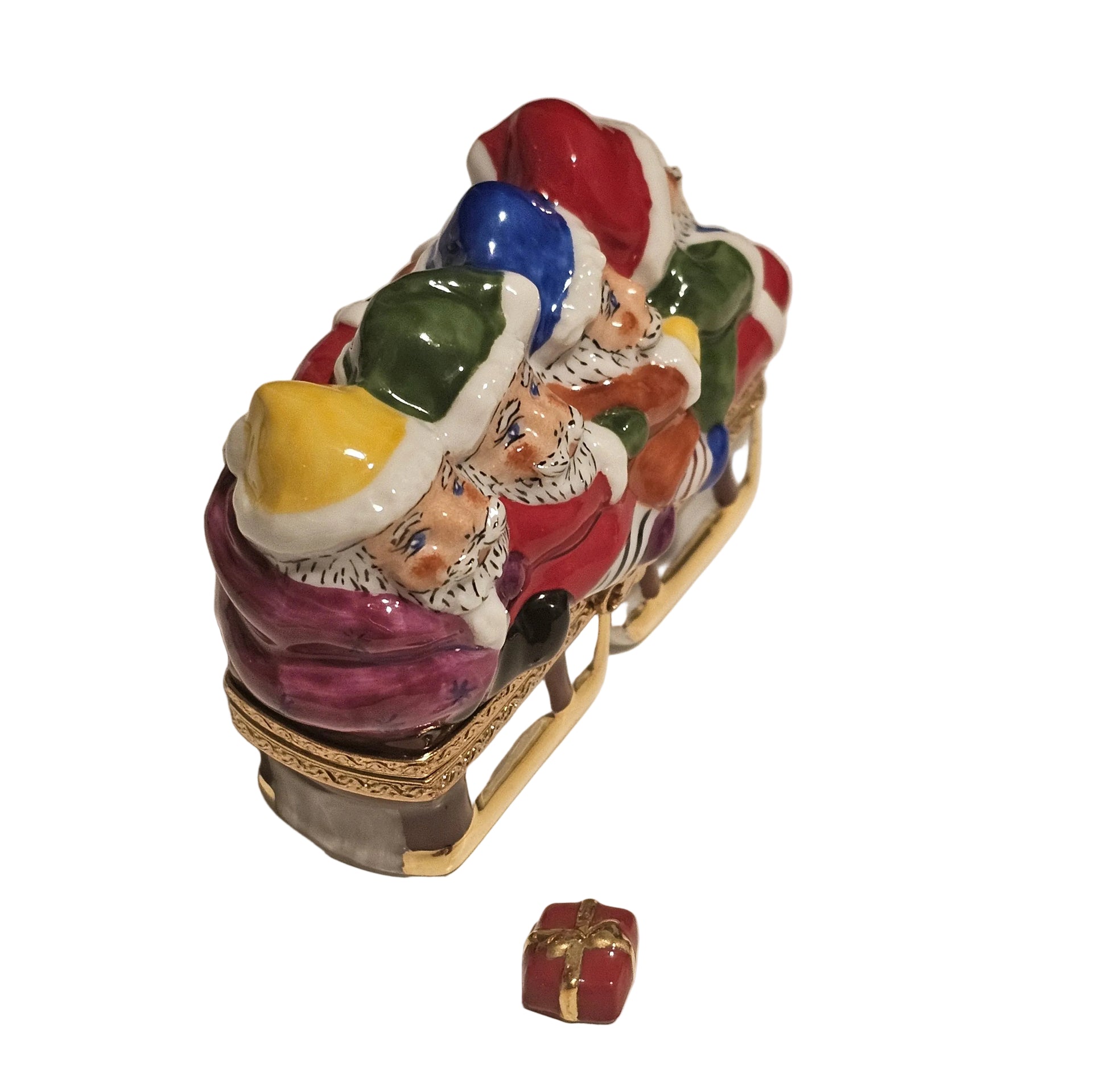 Santas in Sleigh w Present Rare Authentic Limoges Box