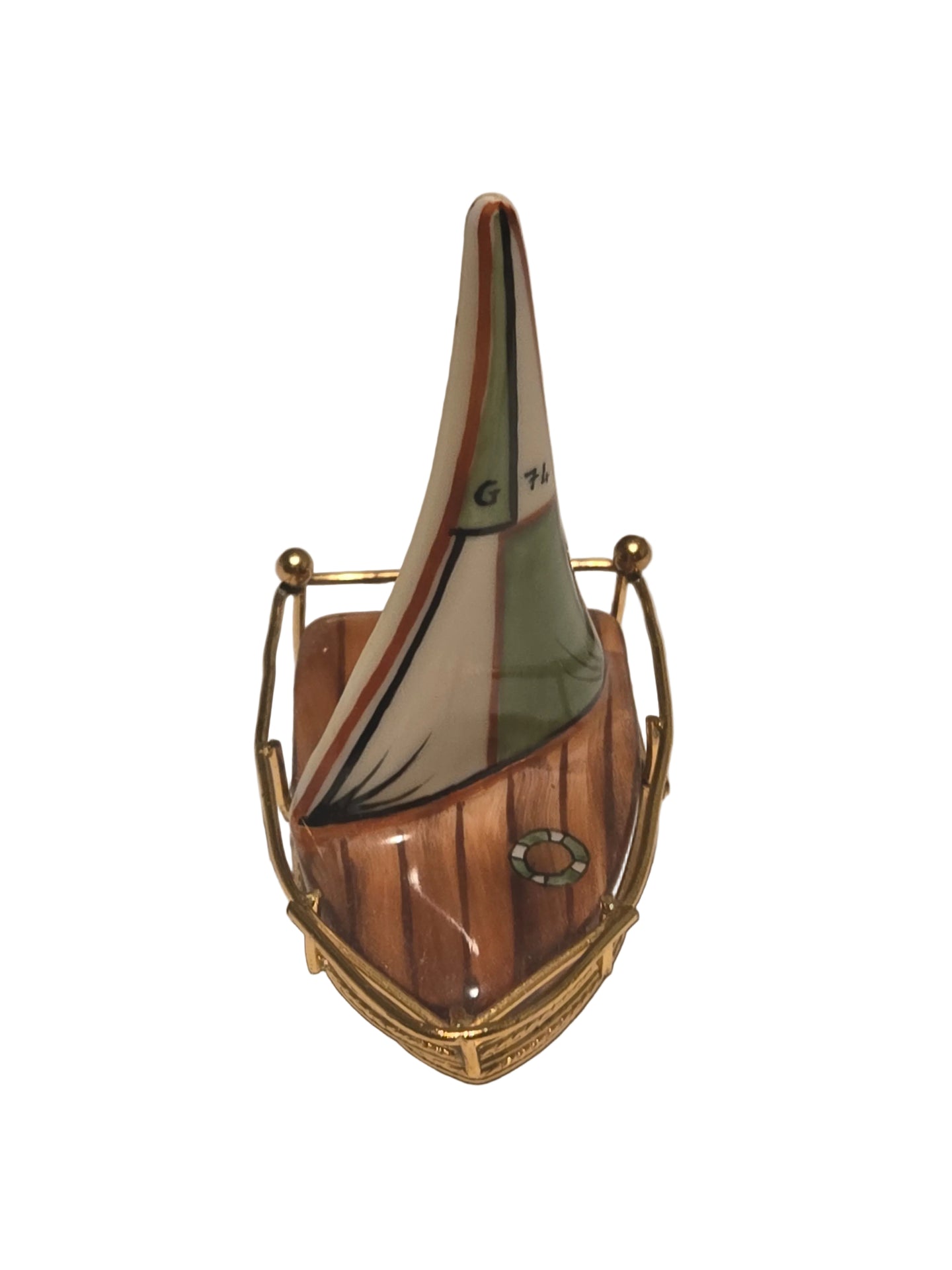 Brown Sailboat w Brass Limoges Box Hand-Painted Limoges Box