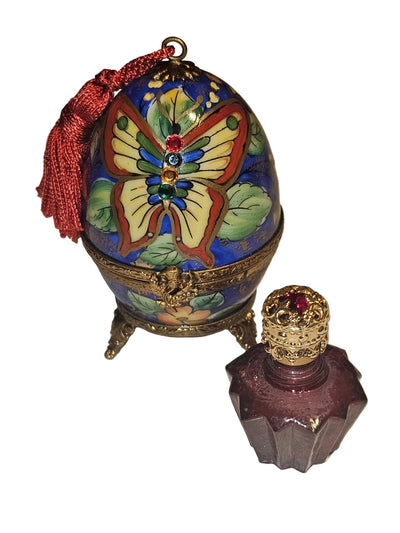Butterfly Perfume Egg on Stand w Tassel Authentic Limoges Box